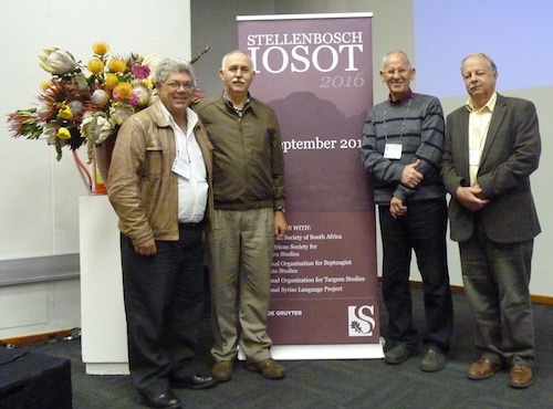 The last four Chairs of the OTSSA, photographed in Stellenbosch at the IOSOT Conference in 2016 / Die mees onlangse vier voorsitters van die OTWSA, afgeneem tydens die 2016 IOSOT-kongres in Stellenbosch. V.l.nr/F.l.t.r: Willem Boshoff (2016-), Izak Spangenberg (2013-2016), Jurie le Roux (2004-2013), Herrie van Rooy (1997-2004).